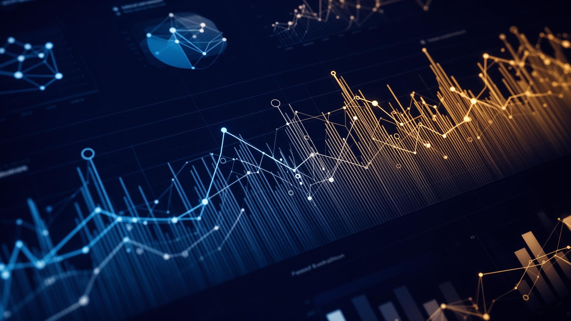 Abstract data visualization with blue and gold charts